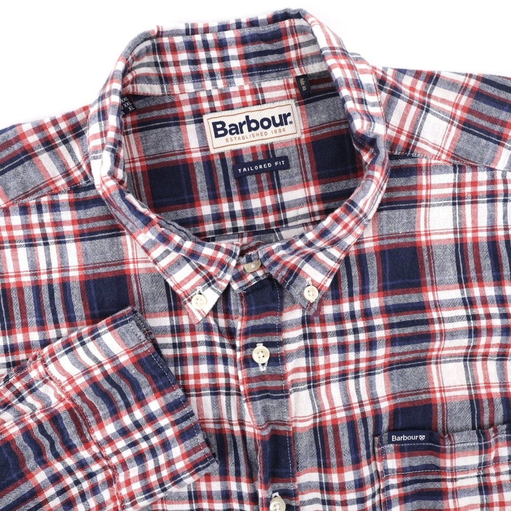 Barbour Linen Blend Tailored Fit Plaid Button Down Navy Red Long Sleeve Mens XL
